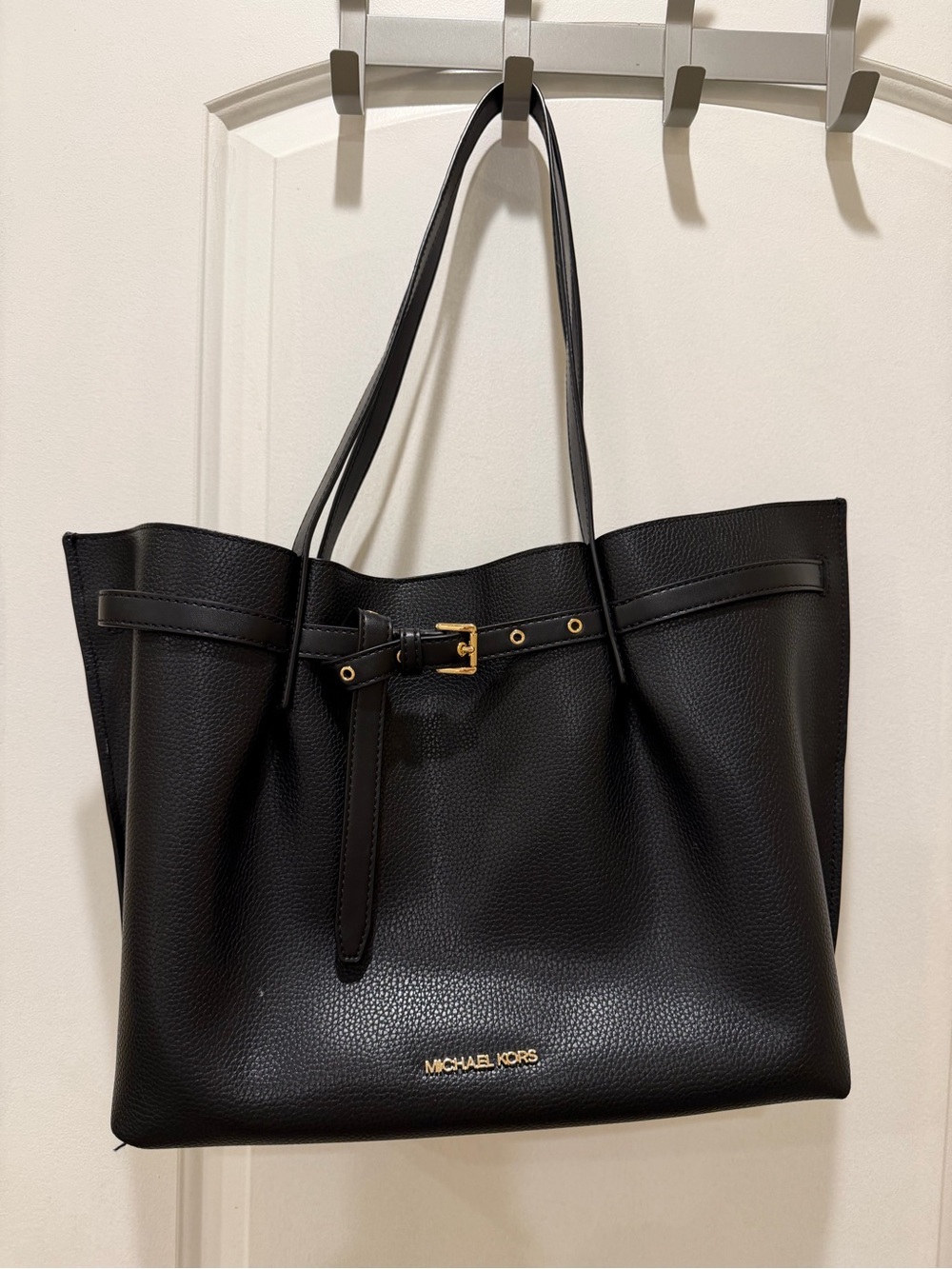 Michael Kors Black Pebbled Leather Tote with Belt Accent